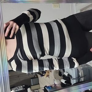 Black white and grey striped fitted sweater